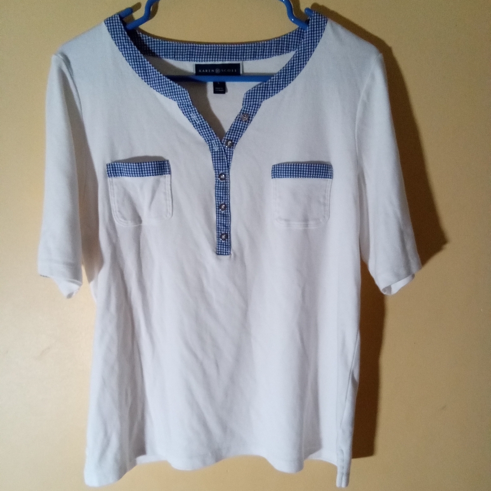 Karen Scott White Blue Gingham-Trim Cotton V-neck Top